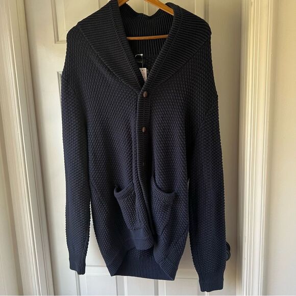 NWT J. Crew Men's Blue Checker-stitch Cotton Shawl Cardigan Sweater L - Picture 1 of 5